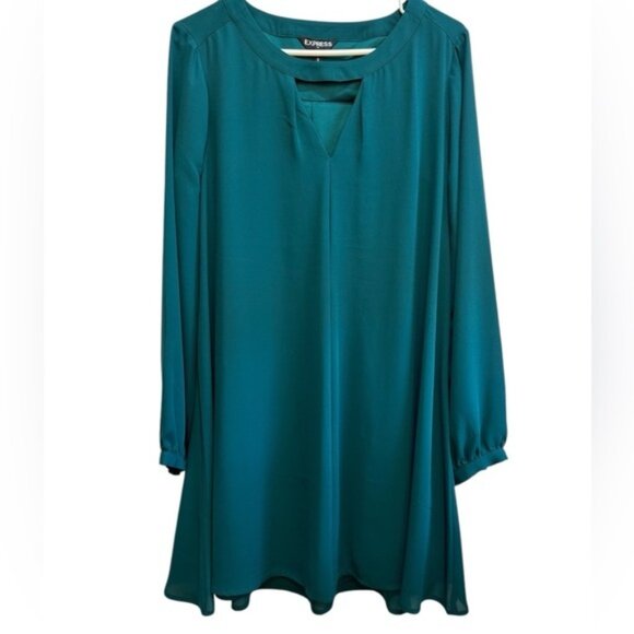 Express Emerald Green Holiday Dress Sz M Sheer Sleeves Triangle Keyhole Autumn - Picture 2 of 14